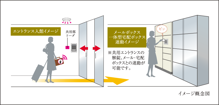 エントランス入館イメージ　メールボックス一体型宅配ボックス連動イメージ　概念図