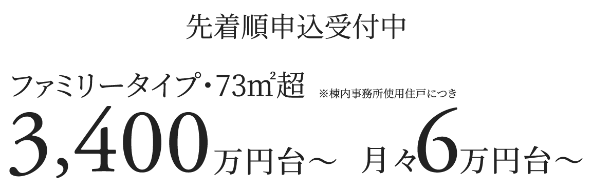 ファミリータイプ・73㎡超/3,400万円台〜 月々6万円台〜 ※棟内事務所使用住戸につき